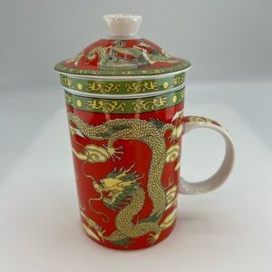 World Market Ceramic Tea Cup with Lid and Loose Tea Infuser Asian Theme Mug